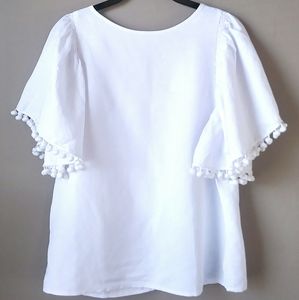 LOFT Outlet · White Linen Pom Pom S/S Top · MED